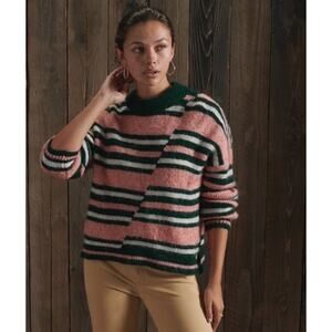 Superdry Sweater Womens 4 Pink Green Striped Mismatched Crew Pullover Casual‎